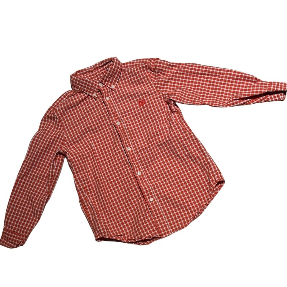 Chaps Boys Button-Down Shirt‎ Size 6 Orange White Check Crest EUC Cotton